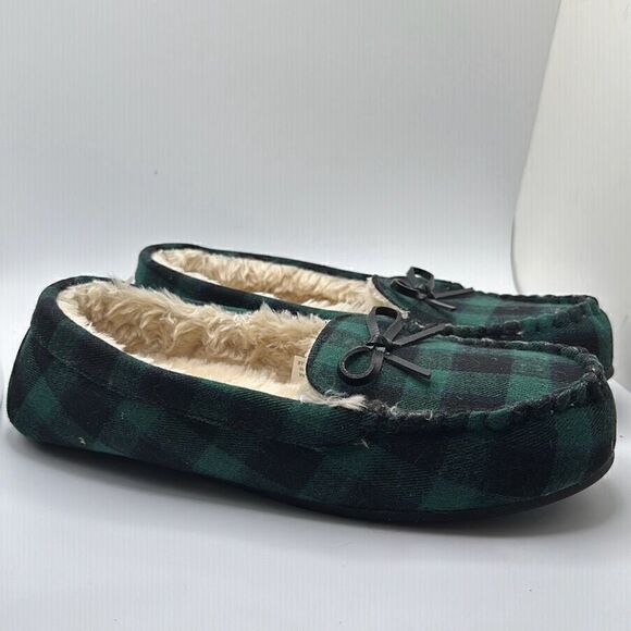 Cushionaire Women's Moccasin Slipper +Memory Foam 10 GREEN PLAID - Picture 1 of 7